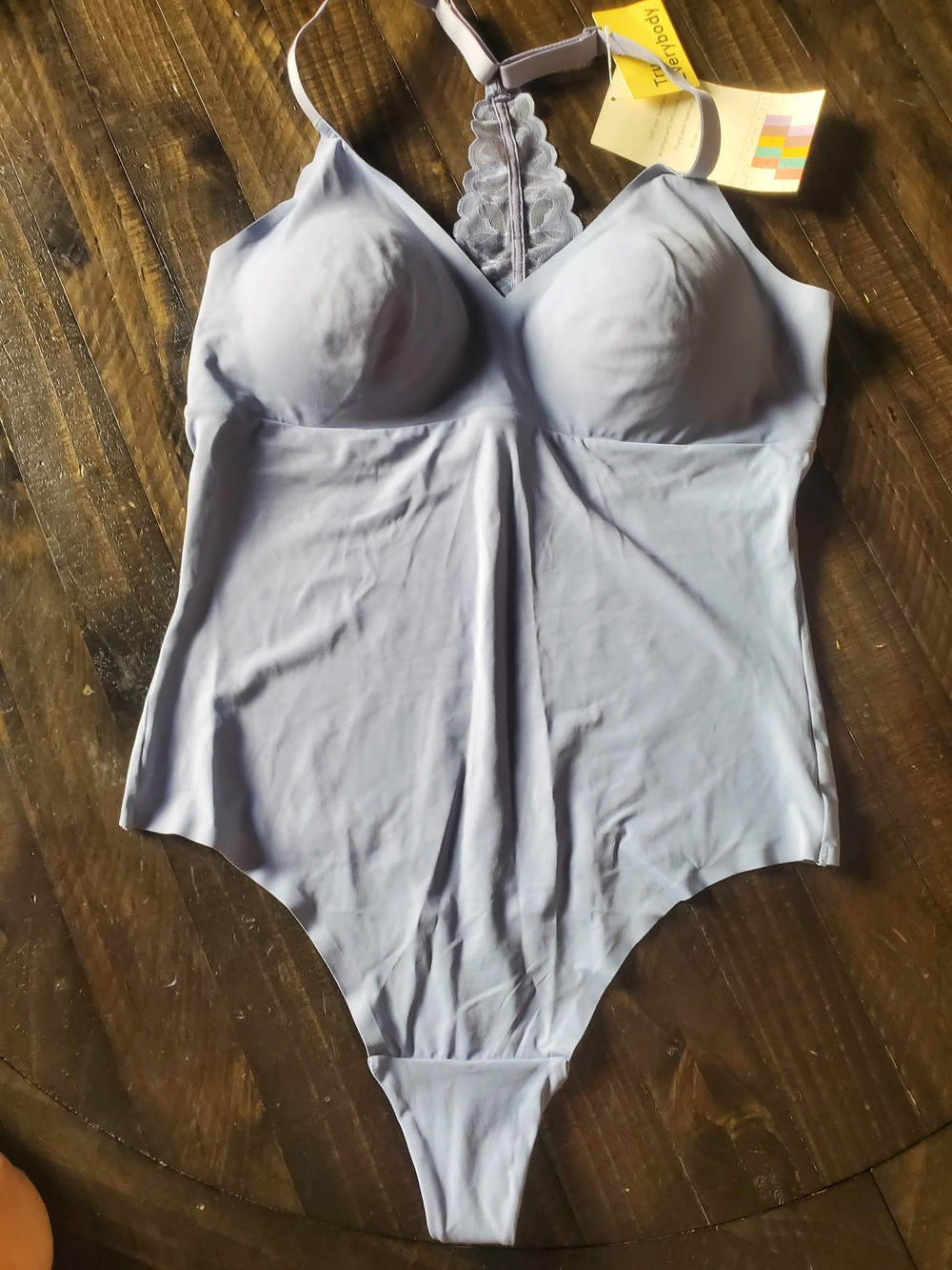 True & Co. Light Blue Lace-Back Seamless Bodysuit